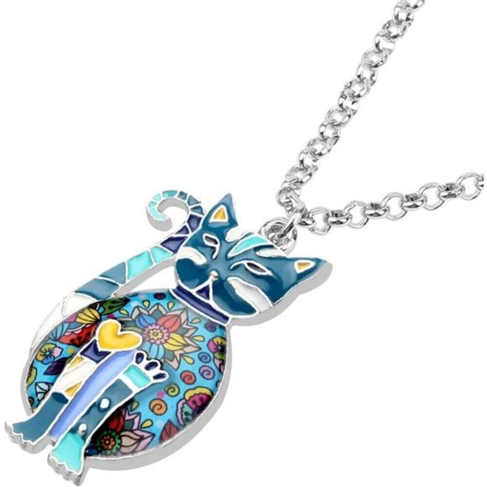 Blue Cat Necklace Enamel Kitten Pendant on Alloy Chain Jewelry for Cat Lovers